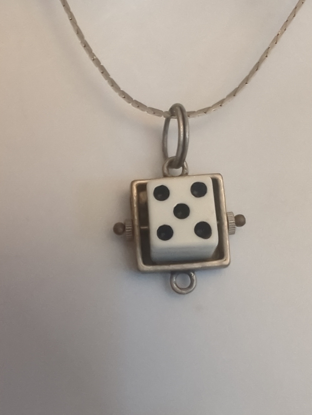 Silver Tone Dice Pendant Necklace Game Lucky White and Black